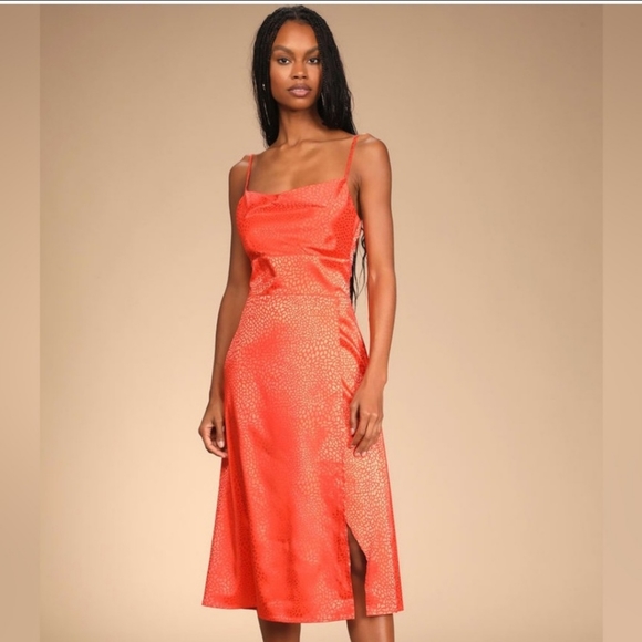 NWT Lulu's Satin Jacquard Print Cowl Midi Dress w/ Adjustable Straps - Picture 2 of 9